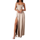 Spaghetti Straps Satin Maxi High Side Slit Backless Prom Dress